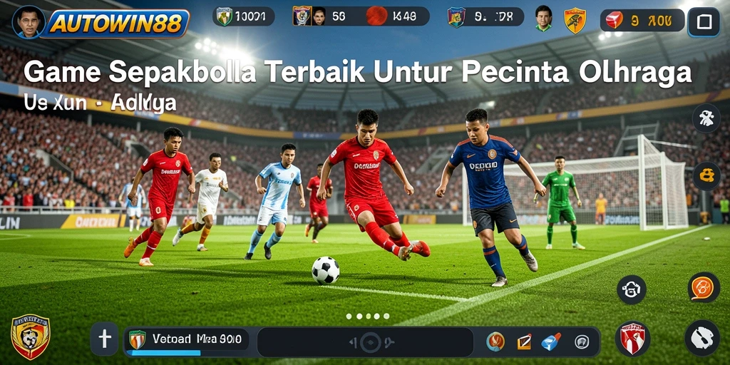 Screenshot gameplay menunjukkan aksi seru di lapangan sepakbola.