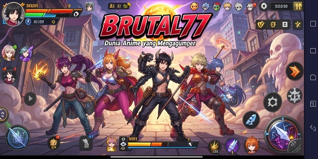 Tampilan gameplay BRUTAL77 yang memukau dengan aksi karakter anime.