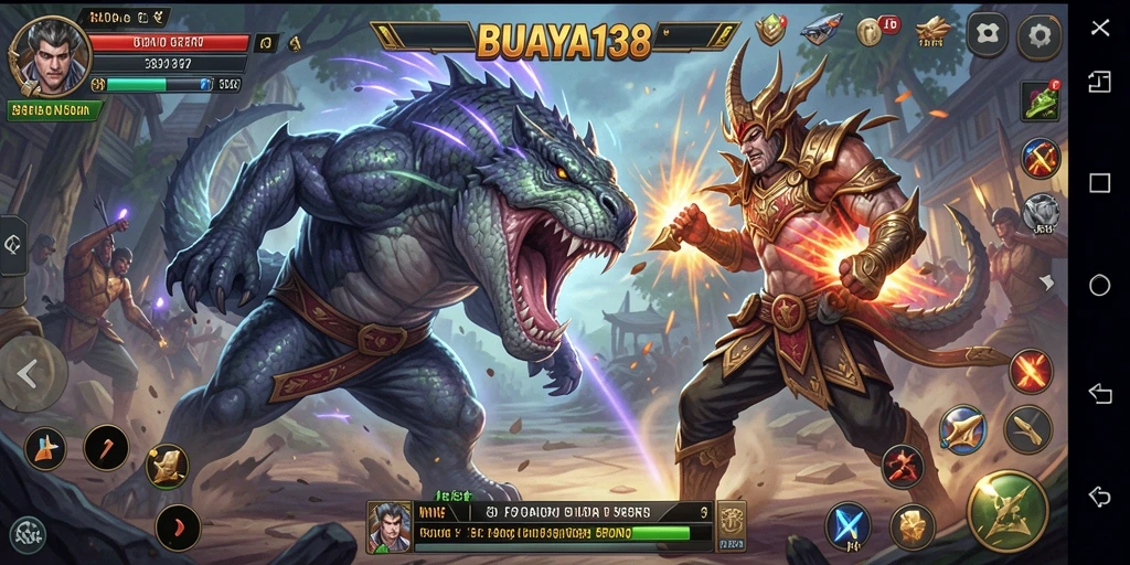 Tangkapan layar gameplay BUAYA138 yang menunjukkan aksi pertarungan agresif.