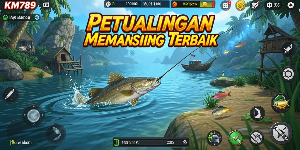 Tampilan gameplay seru dengan pemandangan memancing yang indah.