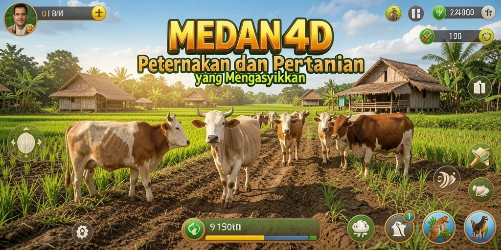 Tampilan gameplay <strong>MEDAN4D</strong> yang menakjubkan dengan ladang subur dan hewan ternak.