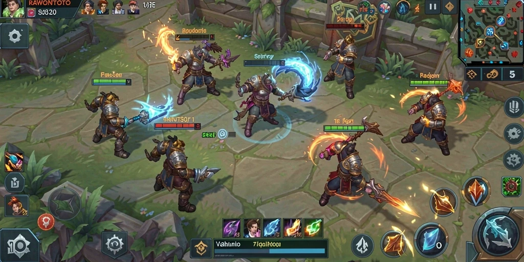 Tangkapan layar utama RAWONTOTO menampilkan karakter dalam pertempuran epik di arena MOBA.