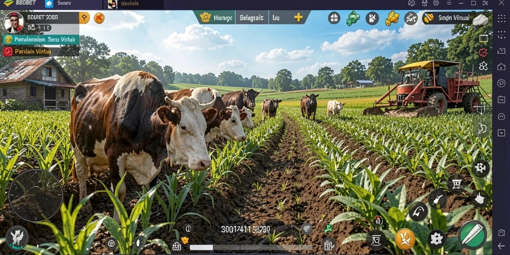 Gameplay SBOBET yang menampilkan kebun dan interaksi petani.